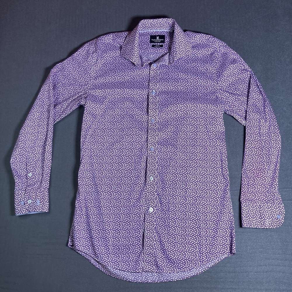 Psycho Bunny Shirt Men's 15 32/33 Purple Floral Modern Fit Button Down Stretch